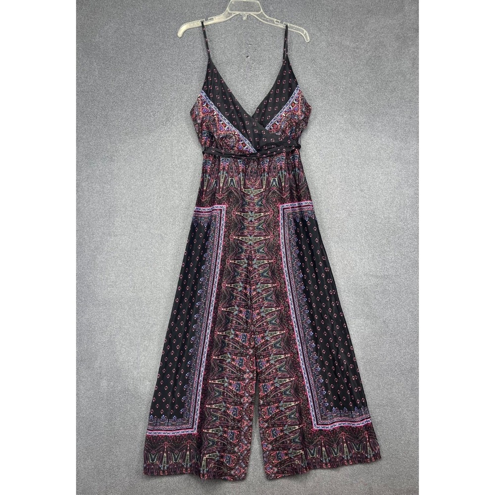 Free People Jumpsuit Womens 4 Black Multicolor Paisley Wide Leg Boho Festival